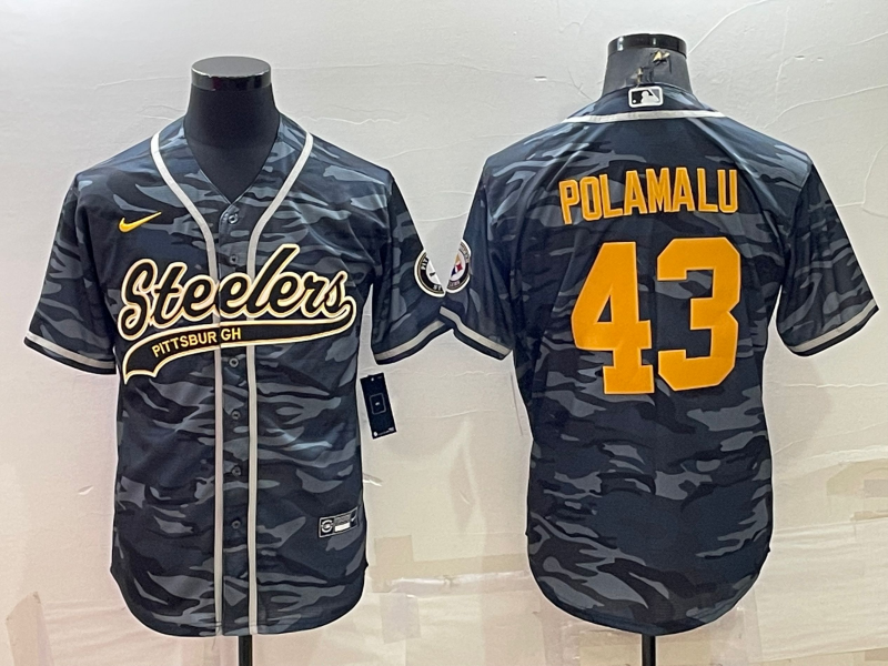 Men's Pittsburgh Steelers #43 Troy Polamalu Grey/Navy Camo With Patch Cool Base Stitched Baseball Jersey Men's Pittsburgh Steelers #43 Troy Polamalu Grey/Navy Camo With Patch Cool Base Stitched Baseball Jersey
